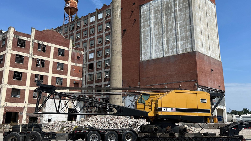 Huge crane arrives. Demolition to start with 160-foot smokestack on Tuesday, September 16, 2025.