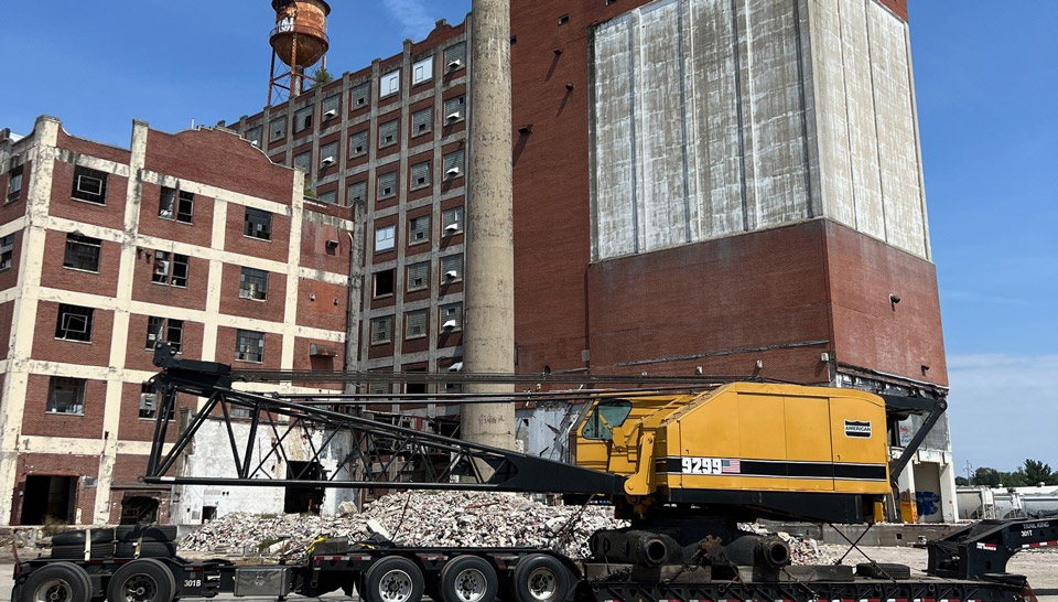 Huge crane arrives. Demolition to start with 160-foot smokestack on Tuesday, September 16, 2025.